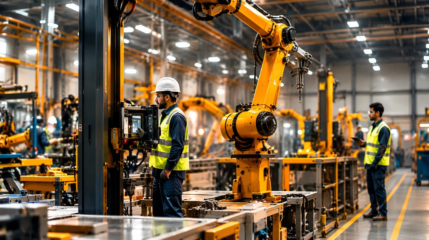 Engineers in safety gear working beside robotic arms on a factory floor