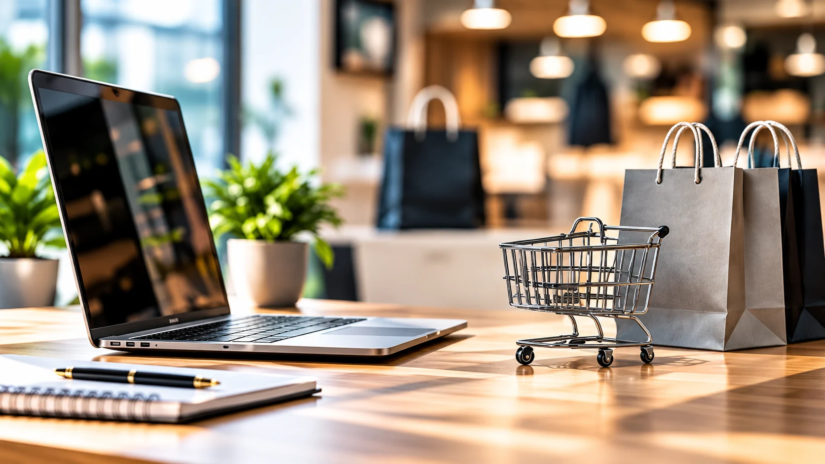 A laptop, a mini shopping cart and shopping bags on a desk