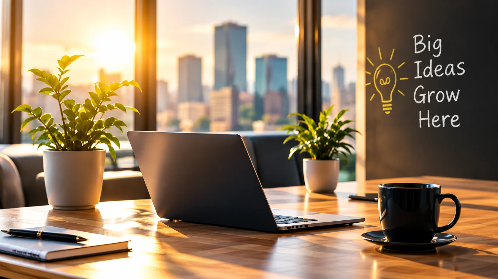 A laptop, plants and a coffee cup on a desk by a sunny window, with a Big Ideas Grow Here chalkboard