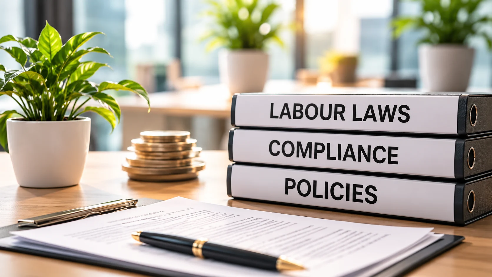 Binders labelled Labour Laws, Compliance and Policies next to a document and pen