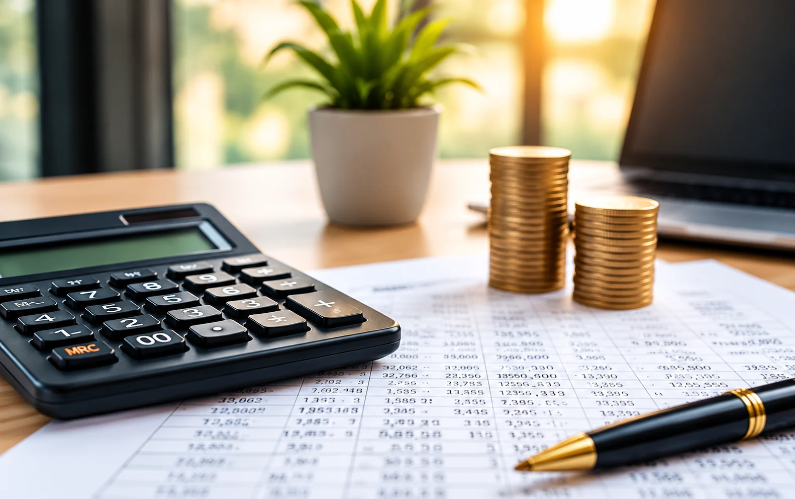 A calculator, stacks of coins and a printed salary sheet on a desk