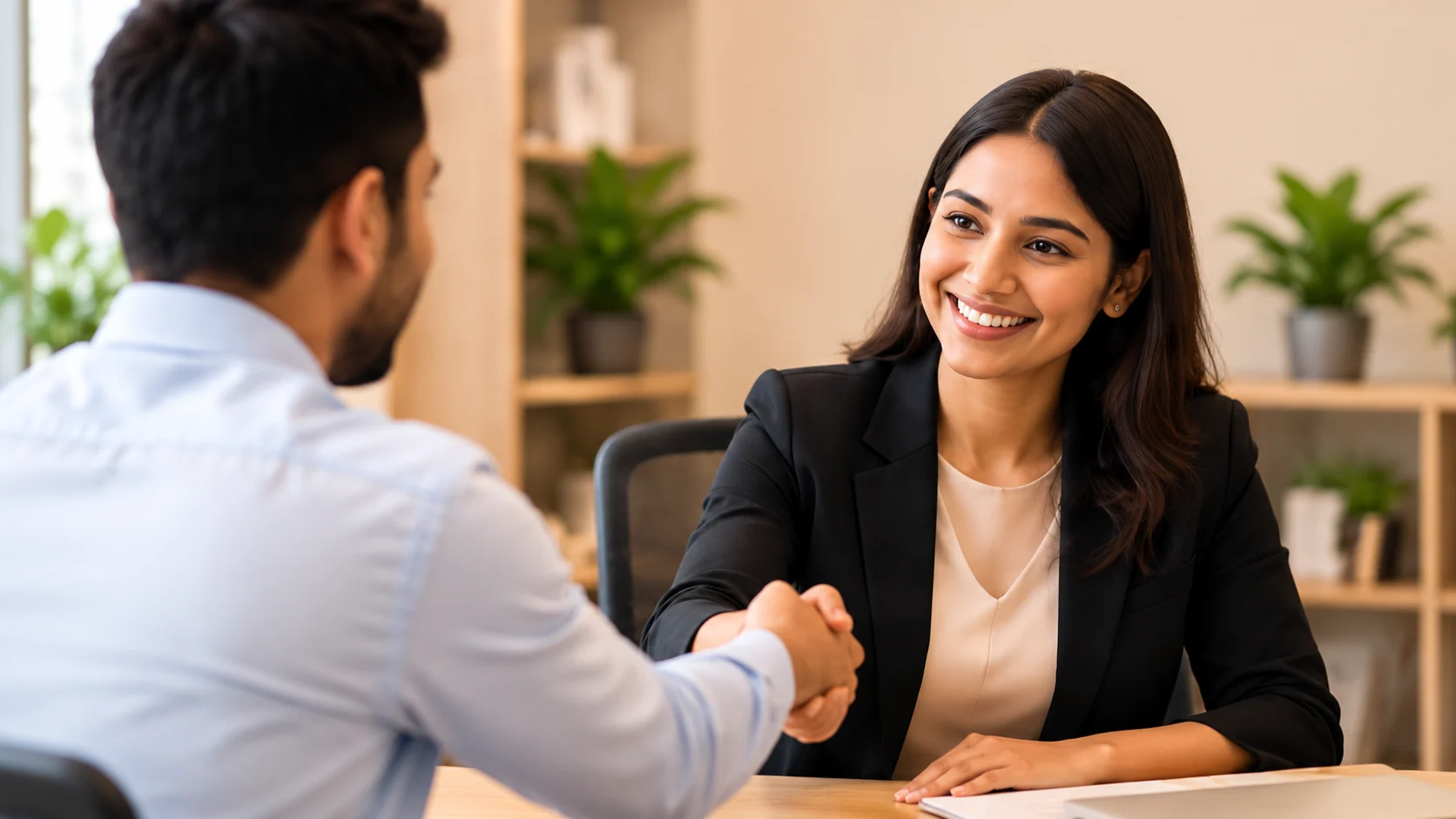 A smiling interviewer shaking hands with a candidate across a desk